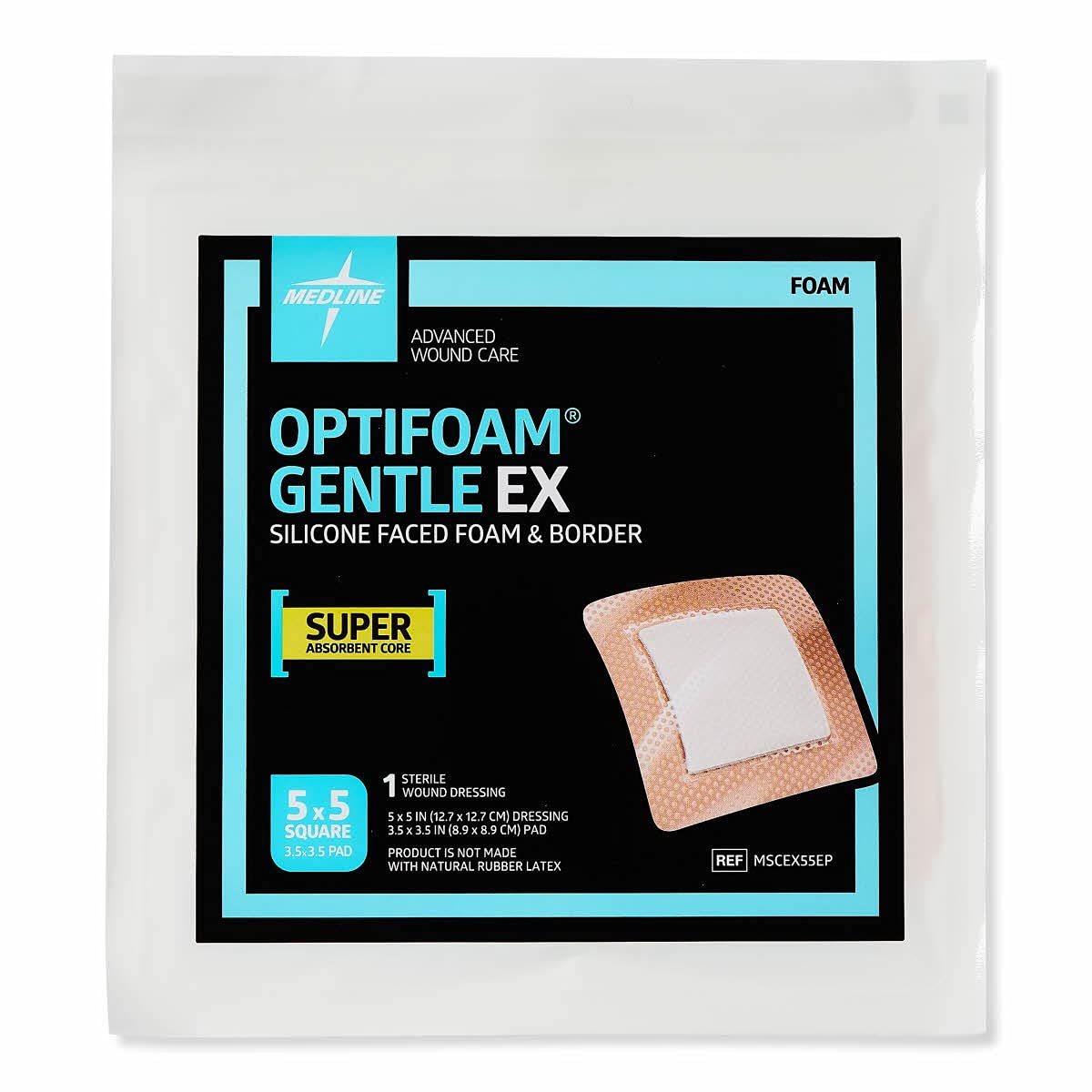 Medline Optifoam Gentle EX Bordered Foam Adhesive Dressing, 5" x 5" Square (10 Count)