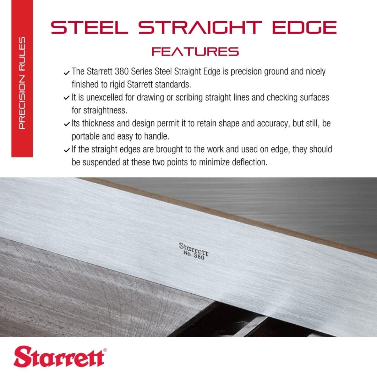 Starrett Steel Straight Edge with Regular Finish - Not Beveled or Graduated, Quick Reading - 12" Length, 11/64" Thickness, 1-13/32" Width, +/- .0002" per Foot Accuracy - 380-12