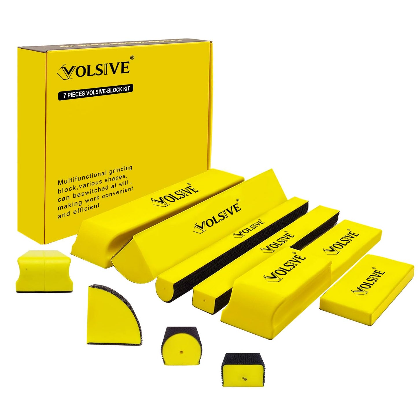 VOLSIVE 7pcs Hand Sanding Block Set, Rectangle Handheld Sanding Pad, Hook and Loop Interchangeable Assorted Shapes, for Sanding or Polishing in Auto Body and Paint Shops - Yellow