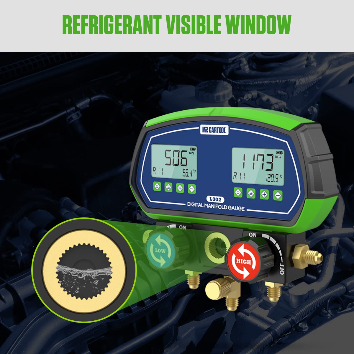 MR CARTOOL L302 Digital Manifold Gauge Set 2-Valve Refrigerant HVAC Systems Leakage Pressure Tester Tool with 3 Hoses for Air Conditioning Refrigeration Recharging