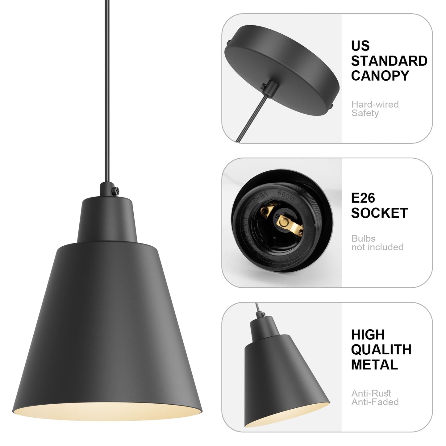 Aoceley Industrial Pendant Lights, Black Pendant Light Fixtures, Vintage Kitchen Island Light with Black Metal Shade, Farmhouse Pendant Lights for Dinning Table Bedroom Bar - Black, 3 Packs