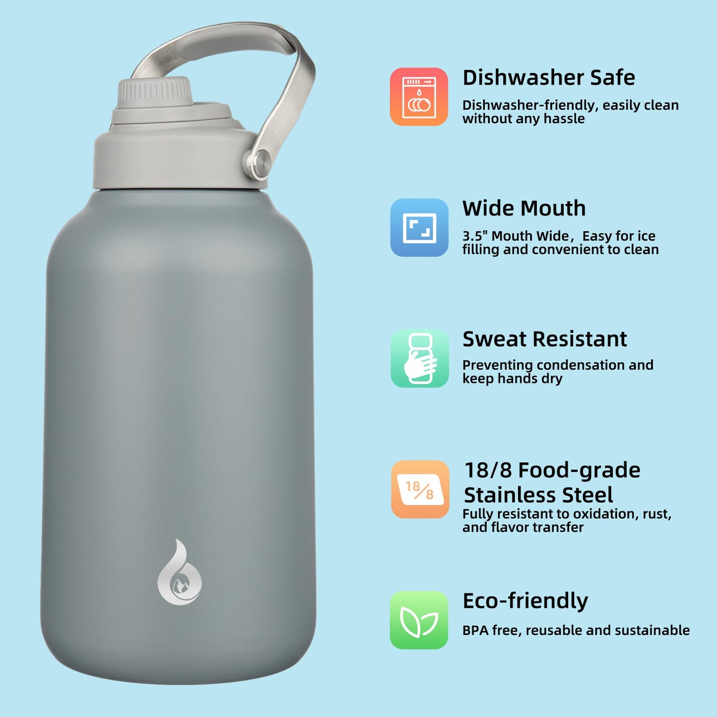 BJPKPK 1 Gallon Water Bottle Insulated, Dishwasher Safe 128oz Large Water Jug with Metal Handle & BPA Free Spout Lid, Stainless Steel Metal Jug for Gym, Sports & Hiking, Grey