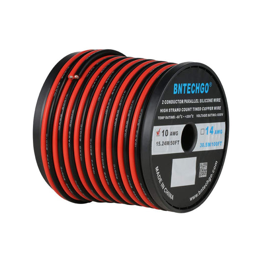 BNTECHGO 10 Gauge Flexible 2 Conductor Parallel Silicone Wire Spool Red Black High Resistant 200 deg C 600V for Single Color LED Strip Extension Cable Cord,Model,50ft Stranded Tinned Copper Wire