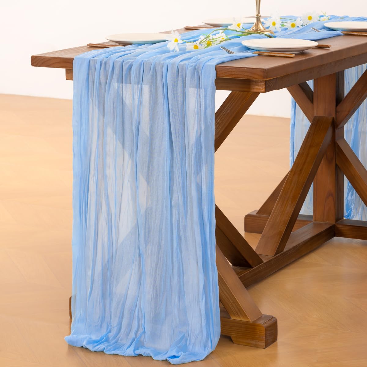Socomi 10pcs Blue Summer Cheesecloth Table Runner Light Blue Boho Rustic Gauze 120 inch 10FT Cheese Cloth Sheer Runner for Wedding Party Baby Shower Birthday Home Decor Holiday Decorations