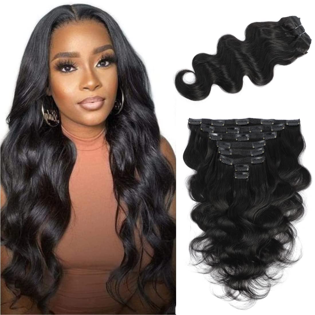 LUMIERE Clip In Hair Extensions Real Human Hair - Body Wave Hair Extensions Clip Ins 120g Grade10A Brazilian Remy Hair Seamless Clip Ins 8Pcs With 20Clips Double Wefts Thick and Soft 16 Inch