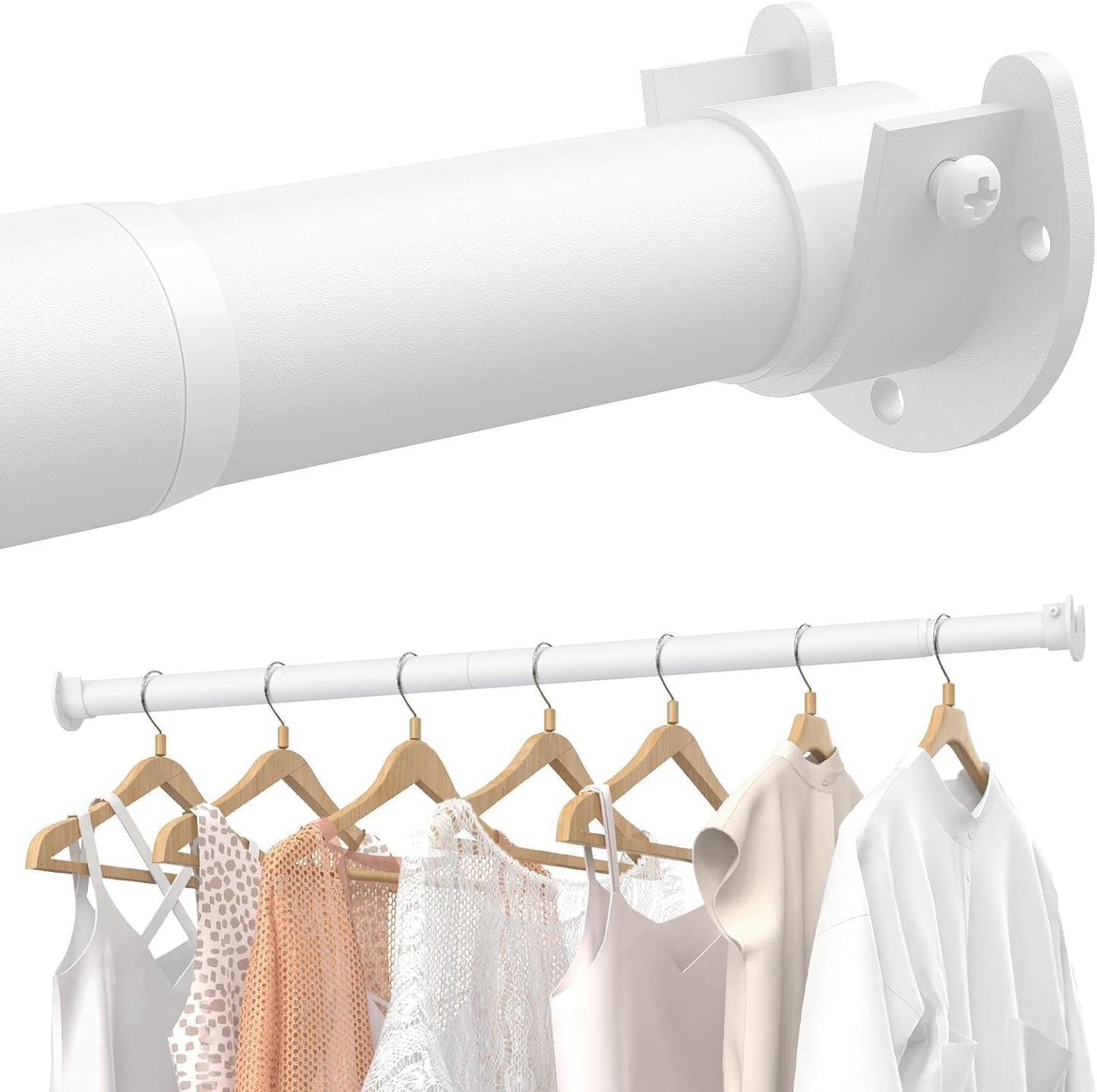 Supforce 2 PACK Closet Rods for Hanging Clothes, 17 to 69 Inches Stepless Adjustable Metal Closet Rod, 1.3 Inches Heavy Duty Clothes Hanging Rod for Closet Wardrobes Laundry RV, White