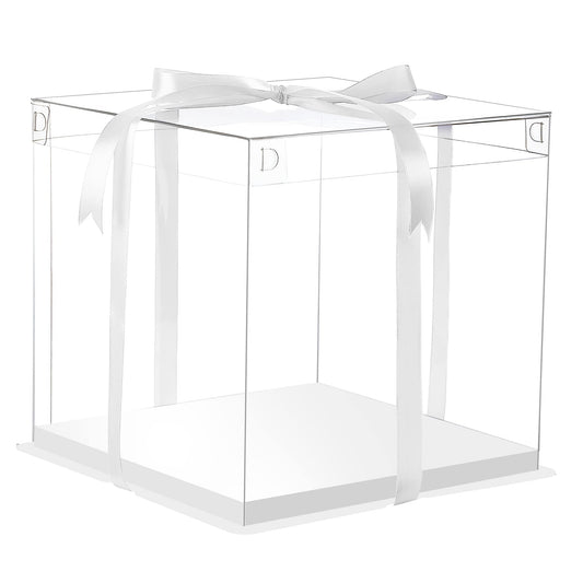 XININSUN 6Pcs Tall Cake Boxes Clear cake Box with Ribbon, 12x12x 10inch,Ideal for Large 10" and 12" Inch Tall Layer Tiered Cakes and Clear Gift Boxes for Wedding Party and Gift Display - White