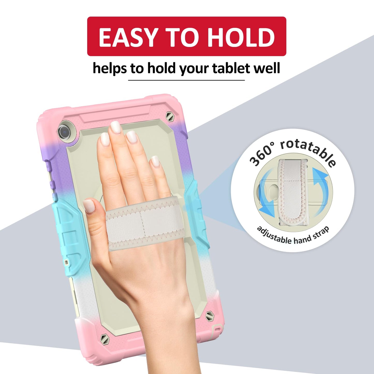 Ambison Case for Samsung Galaxy Tab A9+ 11'' 2023, [Kids Proof] Full Body Protective Case with 9H Tempered Glass Screen Protector, 360° Rotatable Kickstand & Hand Strap (Light Pink)