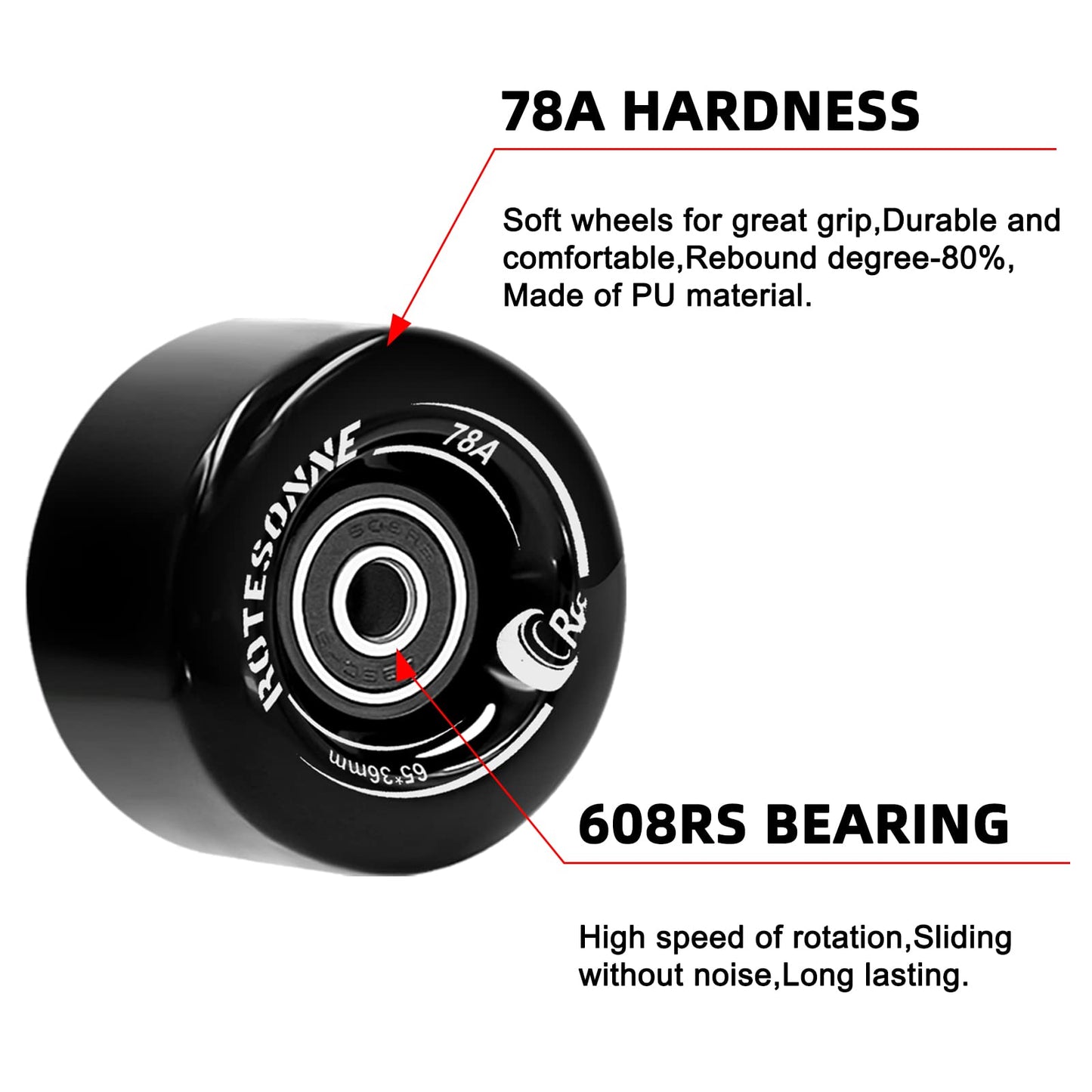 8 Pack 78A Quad Roller Skate Wheels 65 x 36mm with ABEC-9 Bearings Installed for Double Row Skating, Quad Skates Accessories Outdoor/Indoor Use (Black)