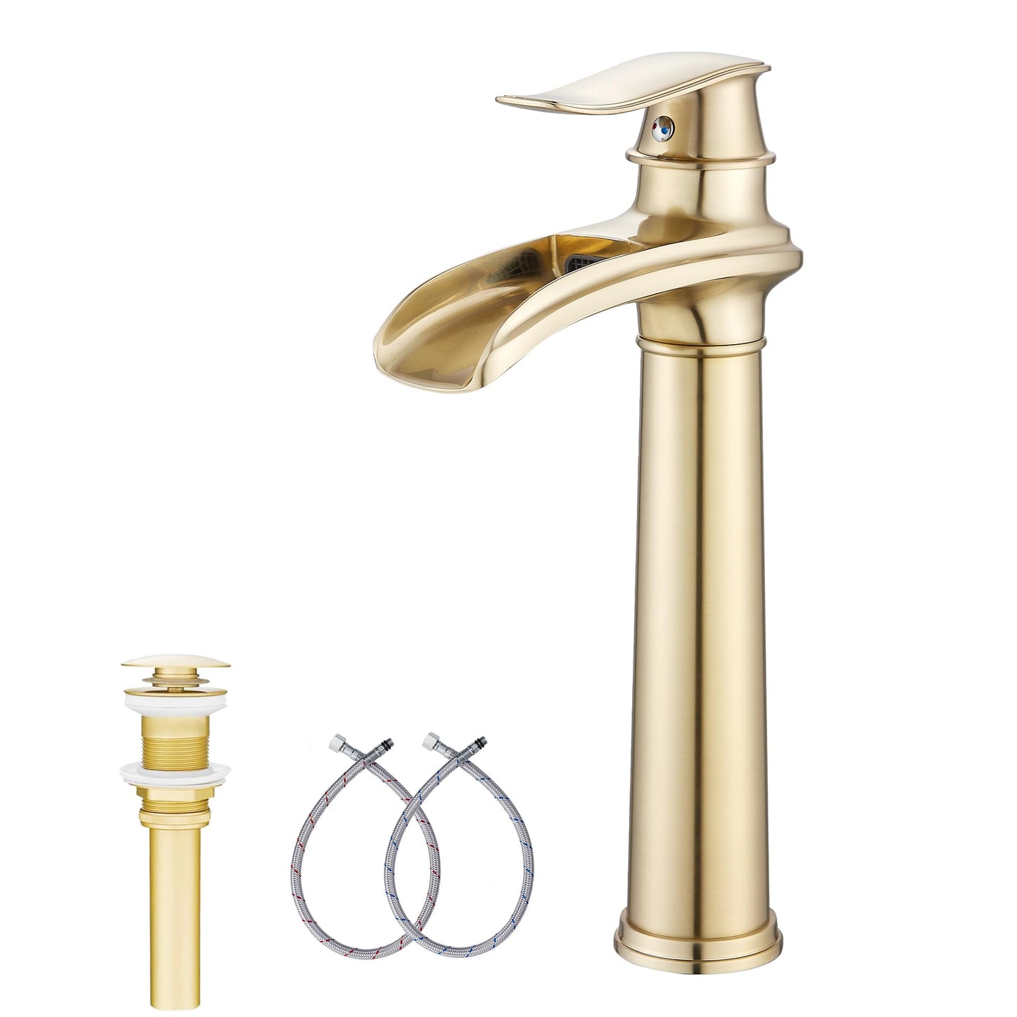 Brushed Gold Bathroom Faucet GGStudy Single Handle 1 Hole Farmhouse Waterfall Bathroom Vessel Sink Faucet Matching with Pop Up Drain