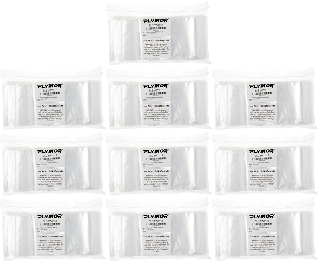 Plymor 4" x 8" (Case of 1,000), 2 Mil Zipper Reclosable Plastic Bags