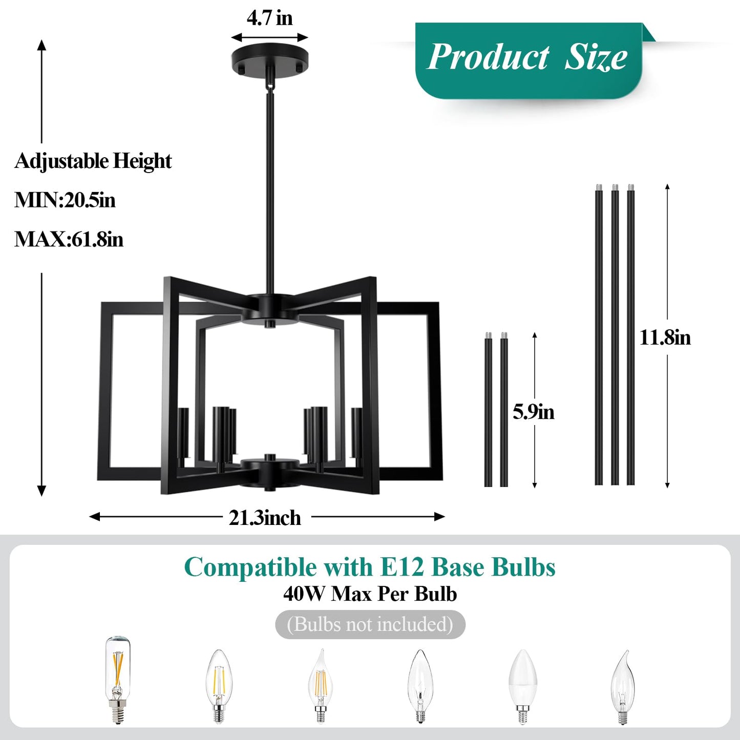6-Light Black Chandelier, Farmhouse Dining Room Light Fixture, Large Modern Chandelier, Geometric Industrial Metal Hang Lighting Fixture for Foyer Entryway Kitchen Over Table Hallway Living Room