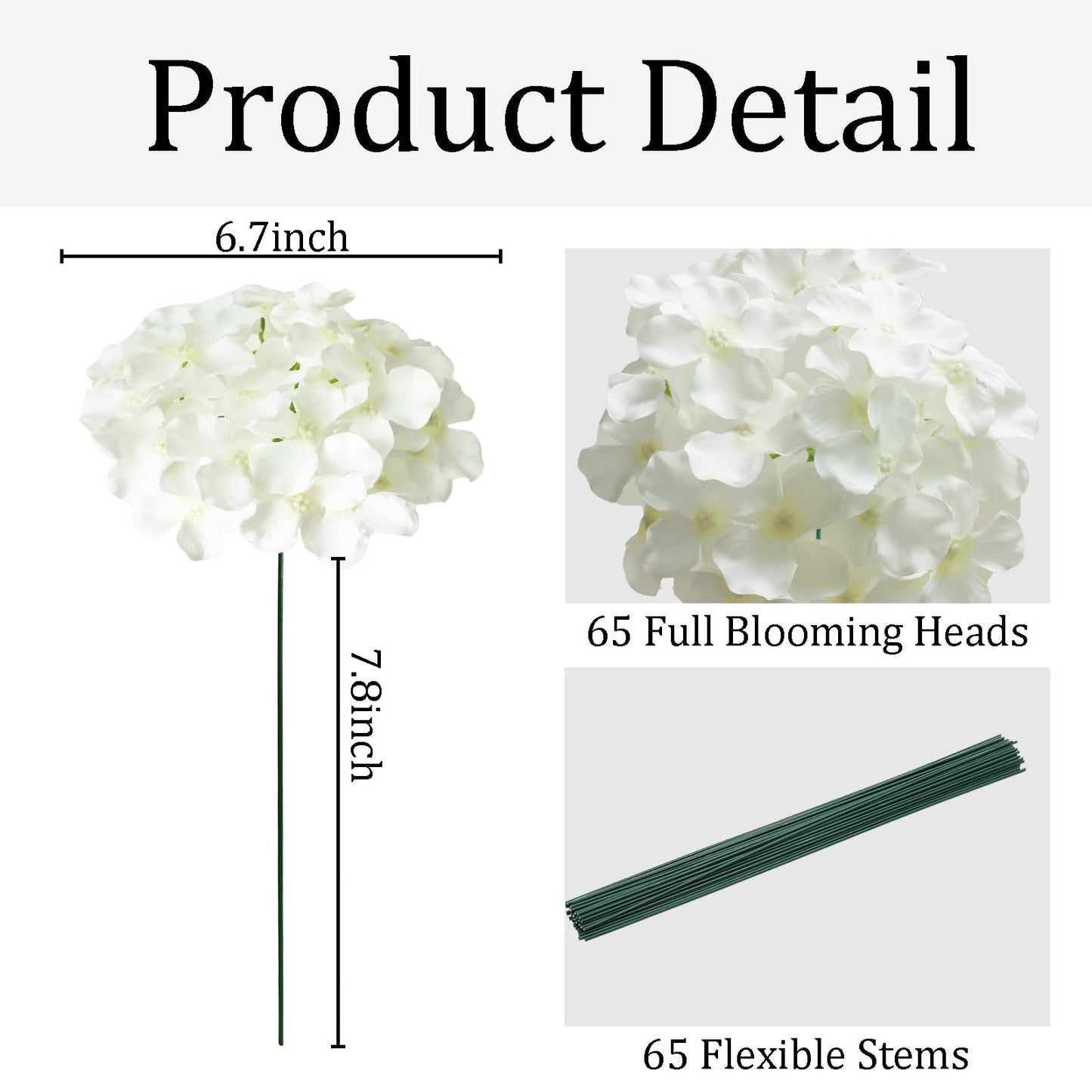 Cherica 65Pcs White Hydrangea Artificial Flowers Bulk，Realistic Silk Fake Flowers with Stems，Faux Hydrangea Flowers for Wedding Home Decor Centerpieces Living Room Garden Party Baby Shower Decoration