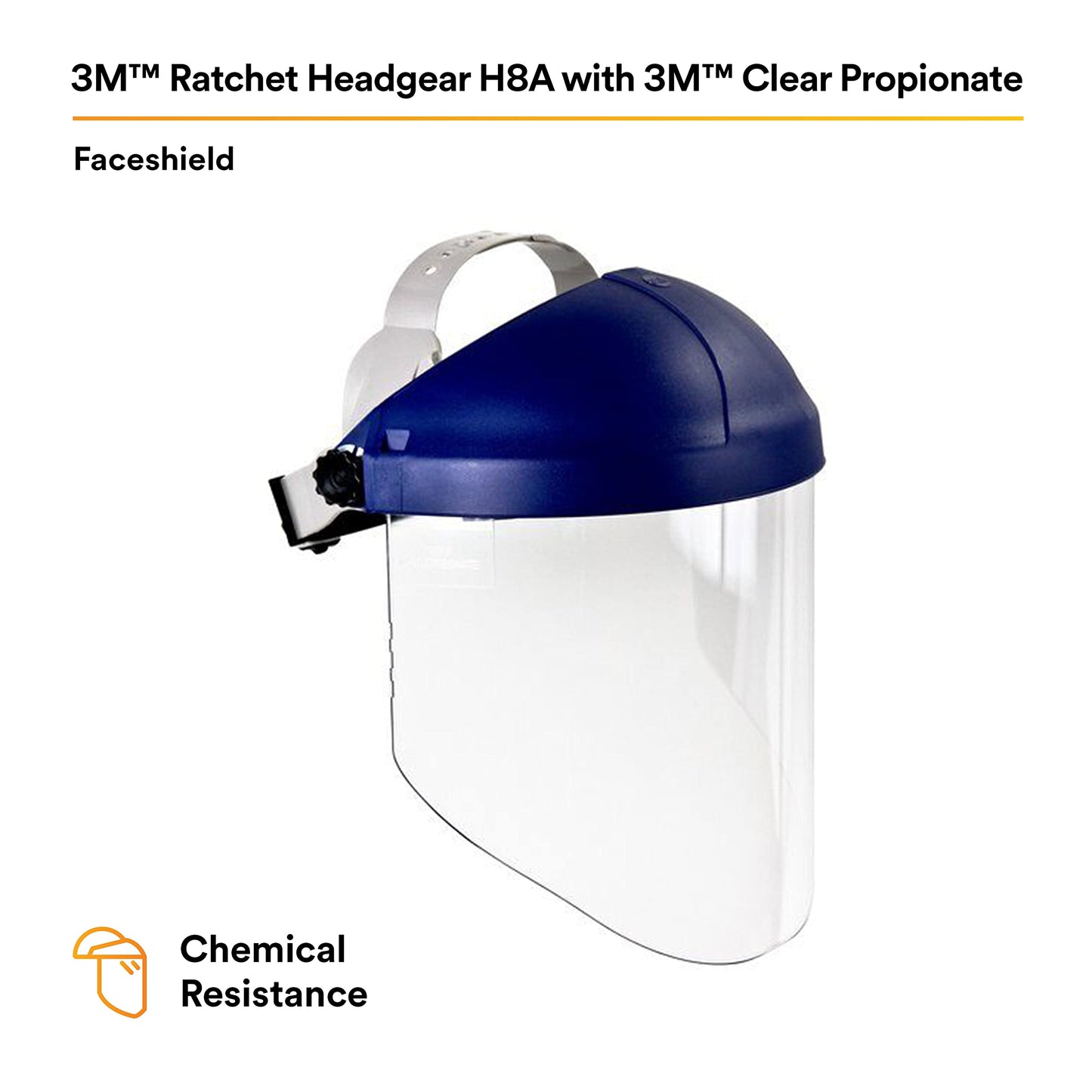 3M Ratchet Headgear H8A, with 3M Clear Propionate Faceshield W96, Protection Against Liquid Splash Marked 3 and Molten Metal Marked 9