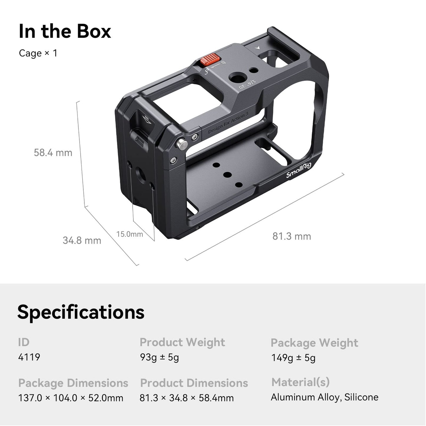SMALLRIG Action 4 Action 3 Camera Cage for DJI, Protective Cage Compatible for DJI Mic, Protective Frame for DJI Osmo Action 4 Action 3-4119B