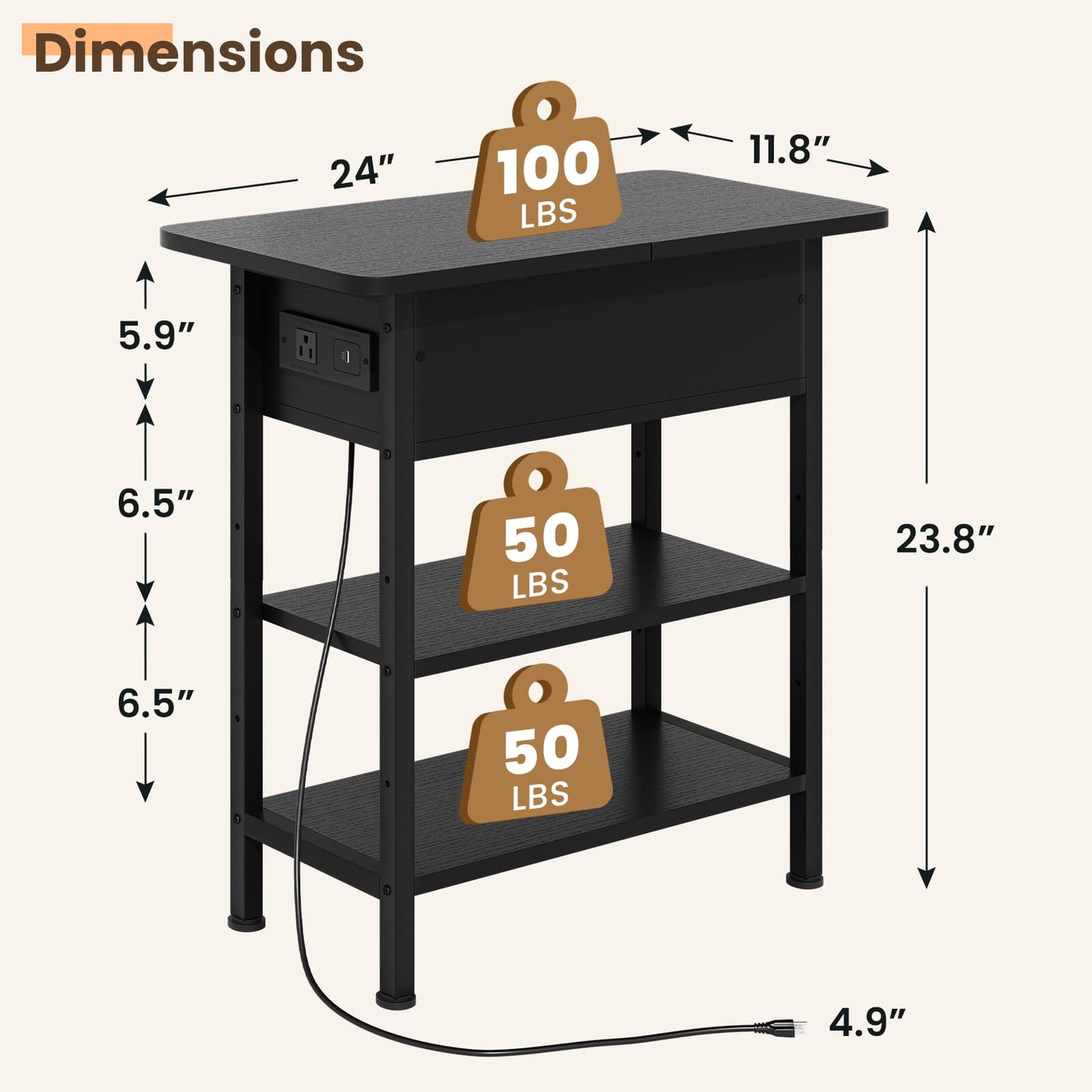GRUSIGN End Table with Charging Station, Flip Top Side Table with USB Ports and Outlets, 3-Tier Small Side Table with Storage for Small Space, End Tables for Living Room/Bedroom, Black