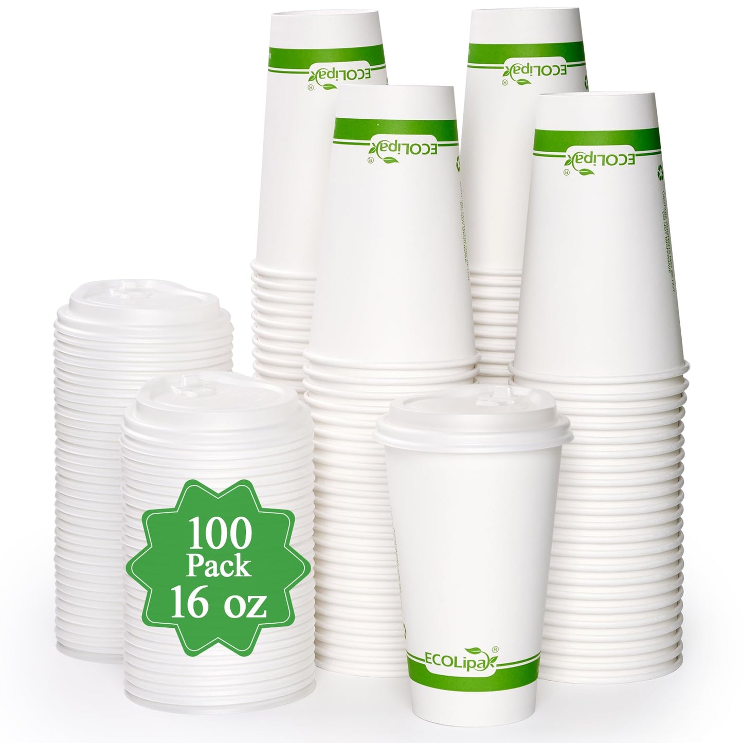 ECOLipak 100 Count 16 oz Compostable Paper Coffee Cups, Biodegradable Disposable Coffee Cups with CPLA Lid, Eco-friendly Hot Drinking Cups for Parties, Picnics, Travels,and Events
