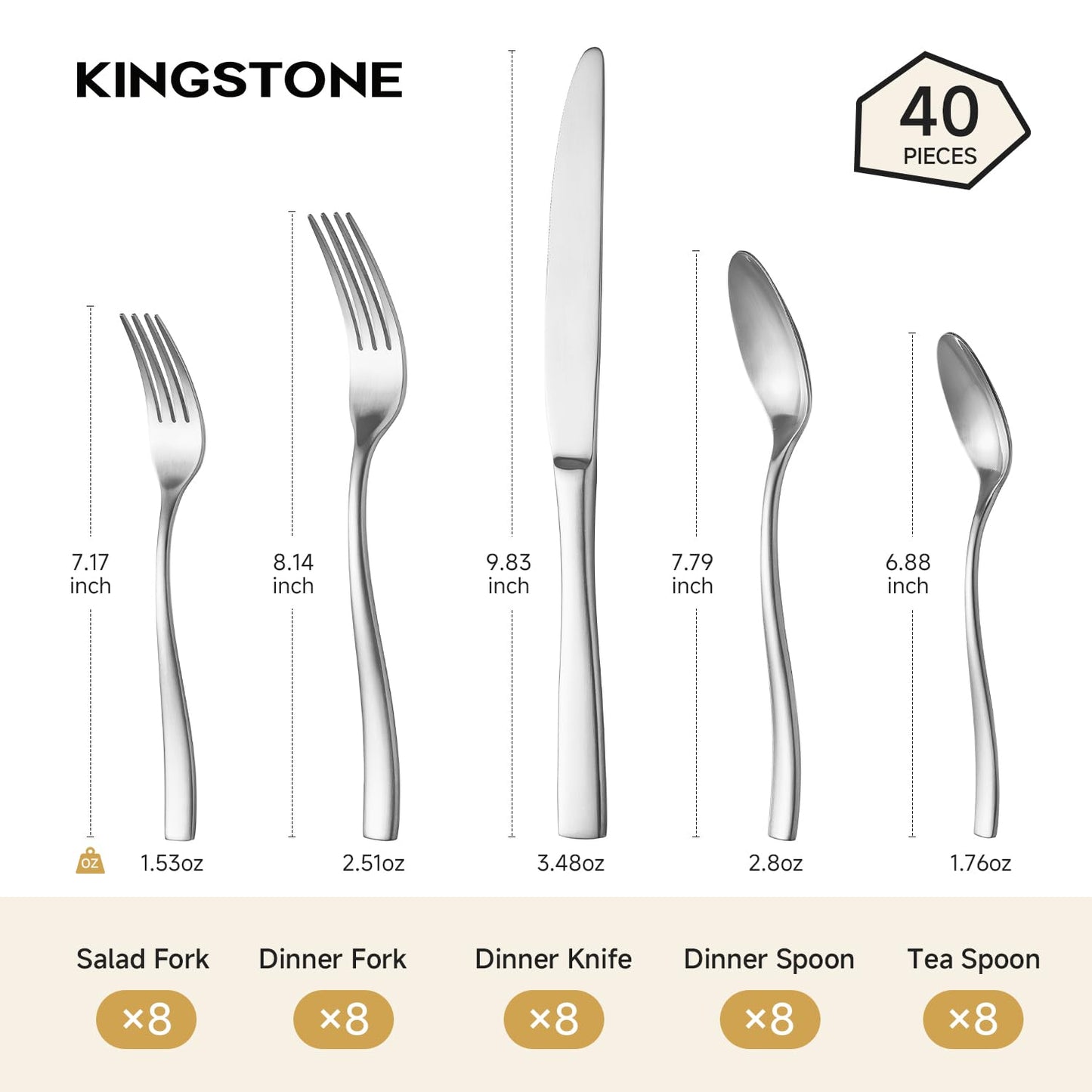KINGSTONE 40-Piece Silverware Set for 8, Matte Stainless Steel Flatware Set with Forks, Knives, Spoons, Dishwasher Safe, Rust Resistant Cutlery for Home & Wedding