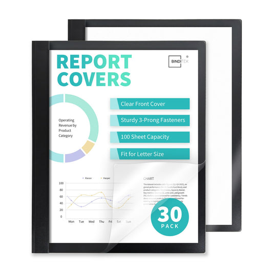 Binditek 30 Pack Clear Front Report Covers with 3 Prongs, 100-Sheet Capacity, Heavy-Duty Plastic Report Folder with Black Back Covers, 3 Metal Prongs Fasteners, for Letter Size, Office Supplies