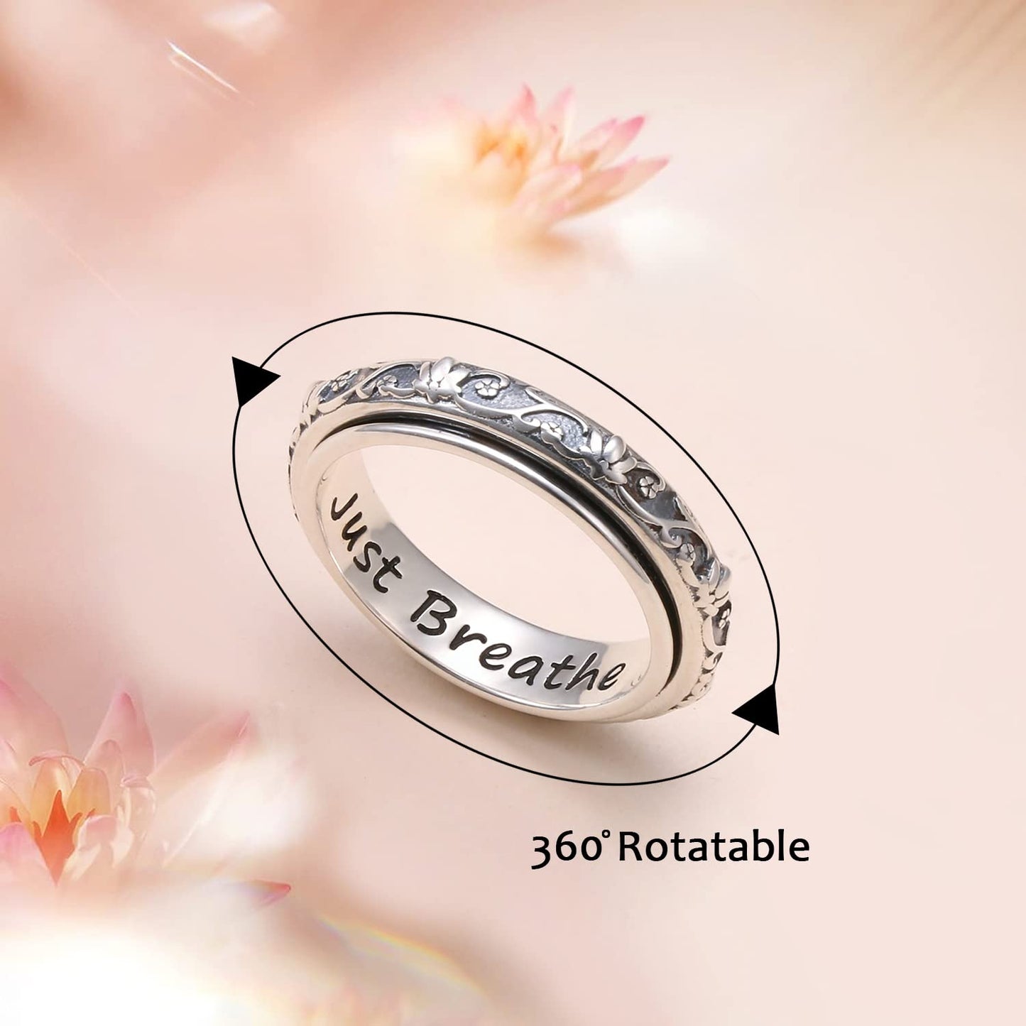 Ladytree Spinner Fidget Ring S925 Sterling Silver Lotus Flower Yoga Just Breathe Anxiety Worry Band Oxidized Stress Relieving Boredom ADHD Autism Rings for Women Men,Size 8
