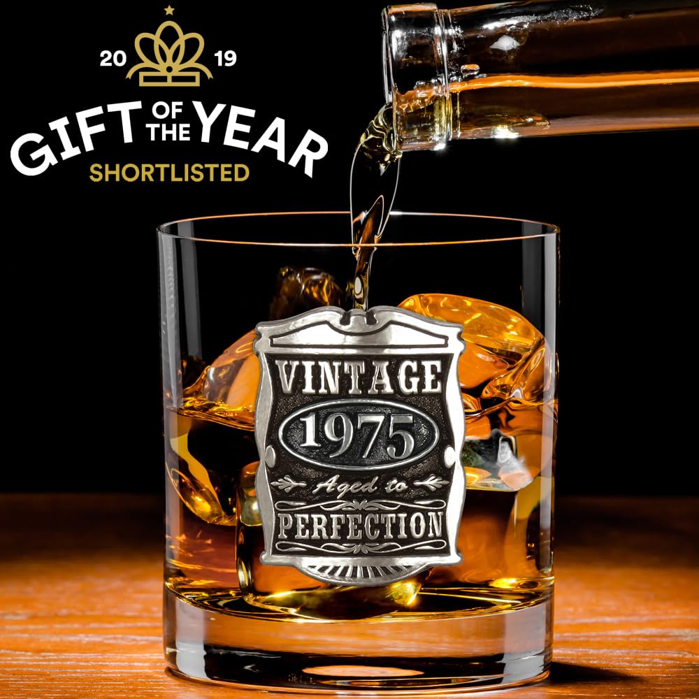 English Pewter Company Vintage Years 1975 50th Birthday or Anniversary Old Fashioned Whisky Rocks Glass Tumbler - Unique Gift Idea For Men [VIN003]