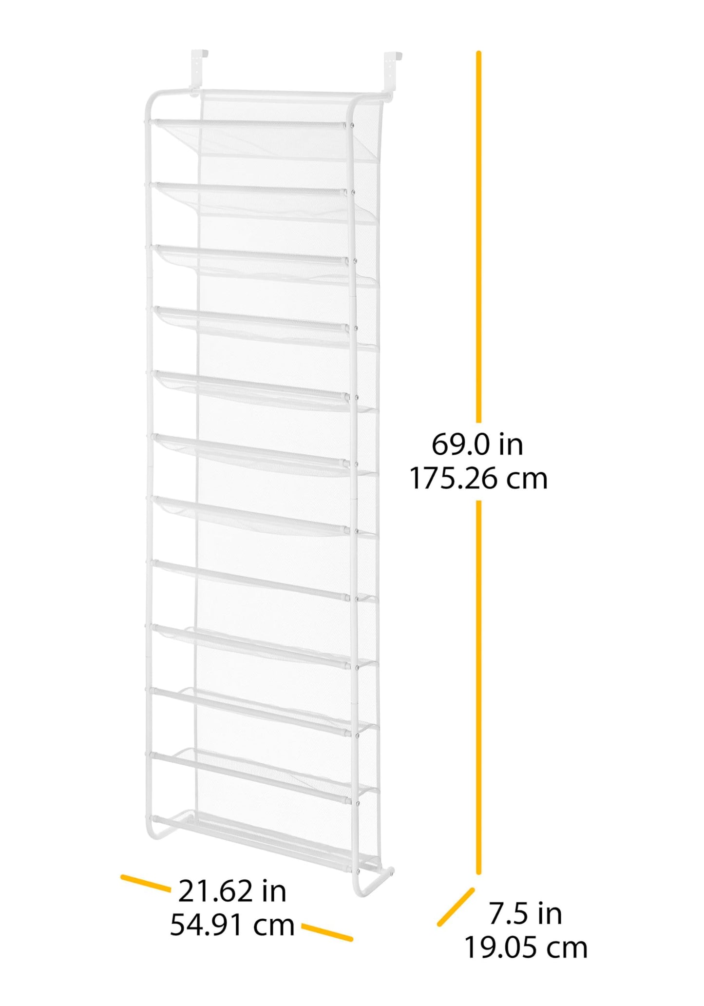 Whitmor 36 Pair Over the Door Shoe Rack, 12 Tier Hanging Shoe Organizer, Heavy Duty Metal & Mesh Shoe Holder, Hanging Shoe Rack for Closet Organizer & Storage, 74"L x 21.7"W x 7.5"H, White