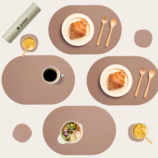 Clay Pink Oval Silicone Placemats Set of 4 with Matching Coasters – Heat Resistant, Waterproof, Easy to Clean Non-Slip Modern Dining Table Mats – Premium Leather Textured Japandi Kitchen Décor