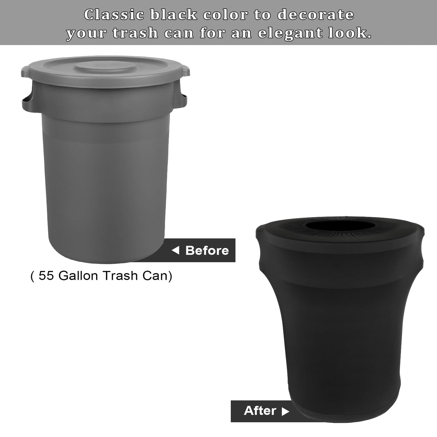 BSTKEY 55 Gallon Stretch Spandex Trash Can Cover, 4 Pack Outdoor Fitted Waste Container Cover Round Garbage Can Covers for Wedding Party Commercial Fundraiser Decor, Without Trash Can (Black)