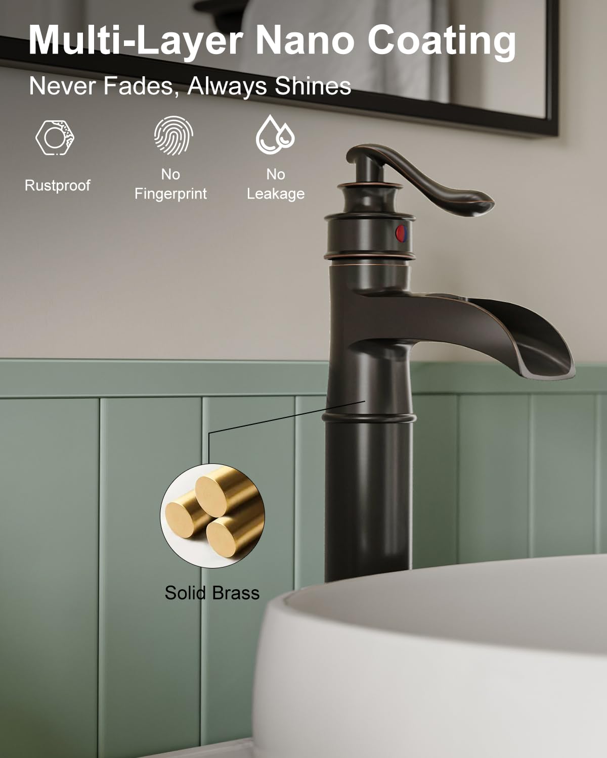 BWE Waterfall Spout Oil Rubbed Bronze Bathroom Faucet Single Handle One Hole Vessel Sink Faucet ORB Lavatory Faucets Deck Mount Tall Body Commercial