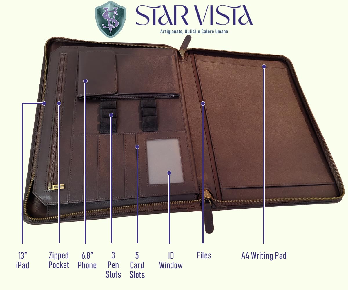 STAR VISTA Flamingo Full Grain Cowhide Leather Portfolio Padfolio, Folder with Dual YKK Zippers, Notebook Binder for A4/Pad, Sleeve for 13" Tablet & 6.8" Phone, Business, Meeting or Travel Mate