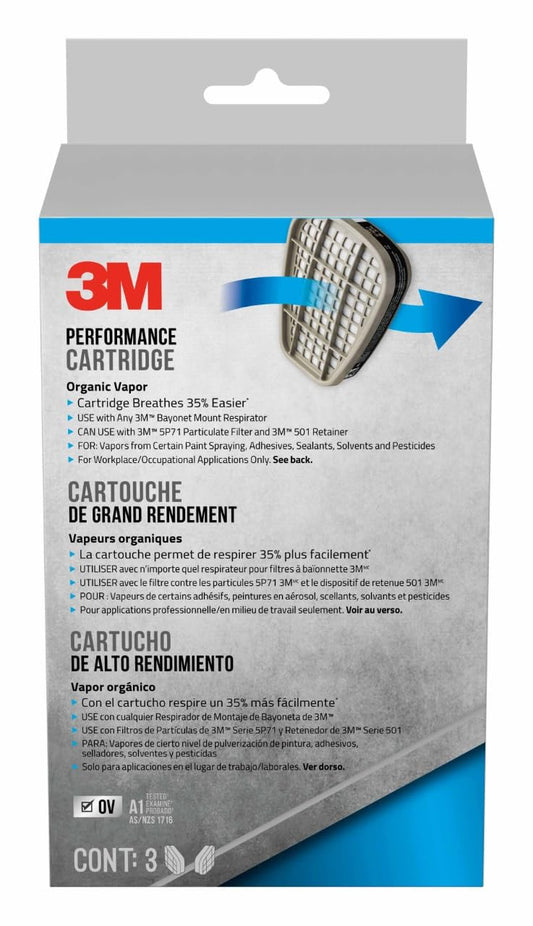 3M Organic Vapor Performance Cartridge, 3 Pairs, For Use With 3M 6000, 6500 & 7500 Series Facepieces, NIOSH-APPROVED OV For Use Against Certain Organic Vapors, Easy-To-Attach Design (6001P3-DC)