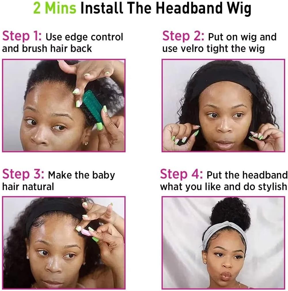Kinky Straight Headband Wig Human Hair 180% Density 12A Headband Wigs for Black Women Glueless Yaki Headband Half Wig Human Hair Machine Made No Lace Front Headband Wig Natural Black Color 14 Inch