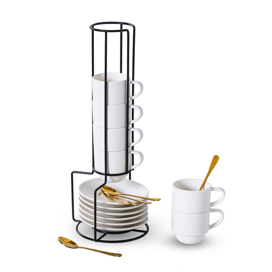 Lareina Porcelain Stackable Espresso Cups with Saucers, Spoons and Metal Stand, 3 Ounce Small Coffee Cups Set of 6 - Ceramic Demitasse Mugs, White