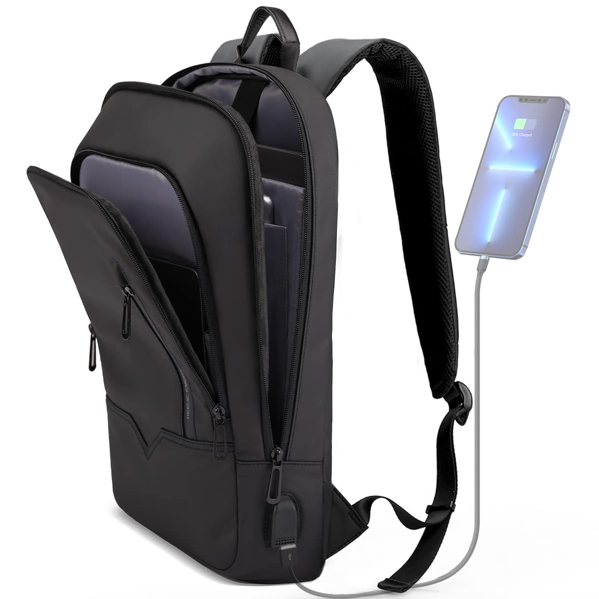hk Backpack for Men Business Slim Backpack with USB Charger Computer Lightweight Anti-theft Travel Backpacks 15.6 inch Water Resistant Laptop Bag for Work Office College-Black