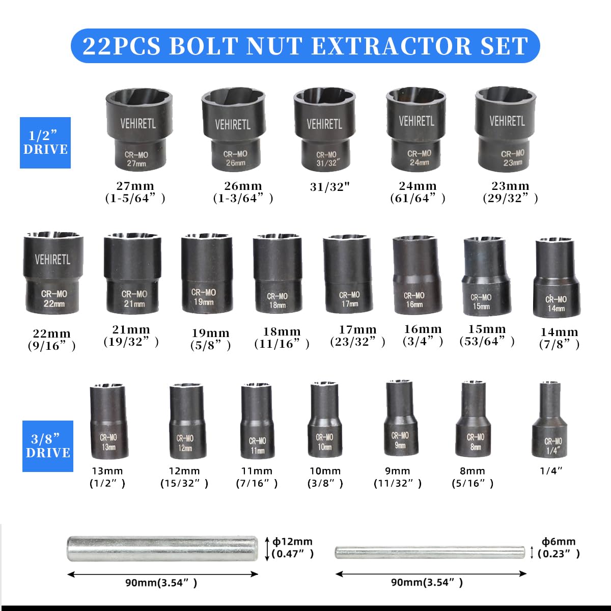 22pcs Bolt Nut Extractor Set Metric 8-27mm Impact Lug Removal Tool 1/2" and 3/8" Drive Wheel Lock Removal Kit for Extracting Damaged, Stripped Frozen Nuts & Screws Twist Socket Set