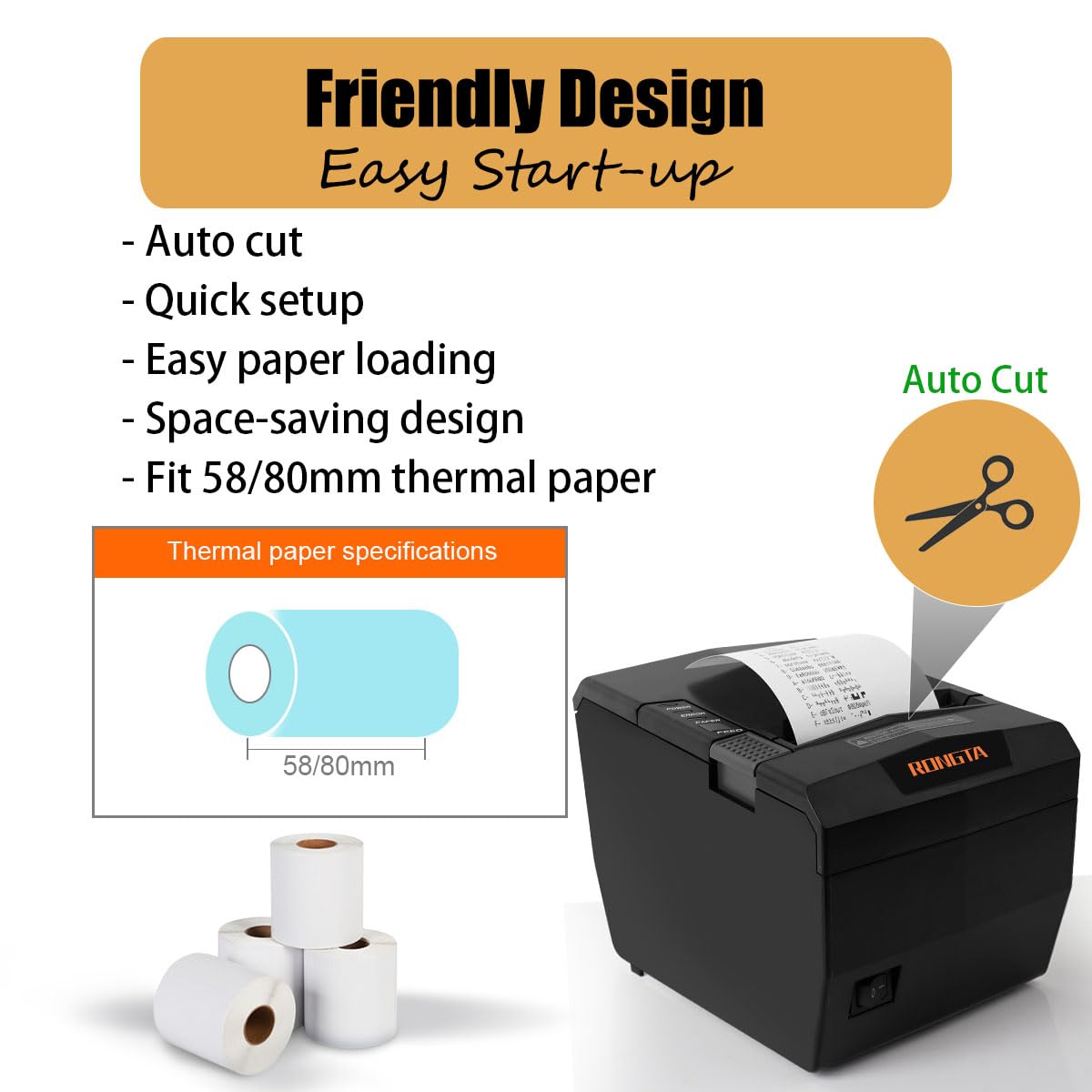 Rongta POS Receipt Printer, 80mm Thermal Printer with USB/Serial/Ethernet and Auto Cutter for Kitchen and Retail Use, Cash Drawer Support for Windows/Mac/Linux (RP327)