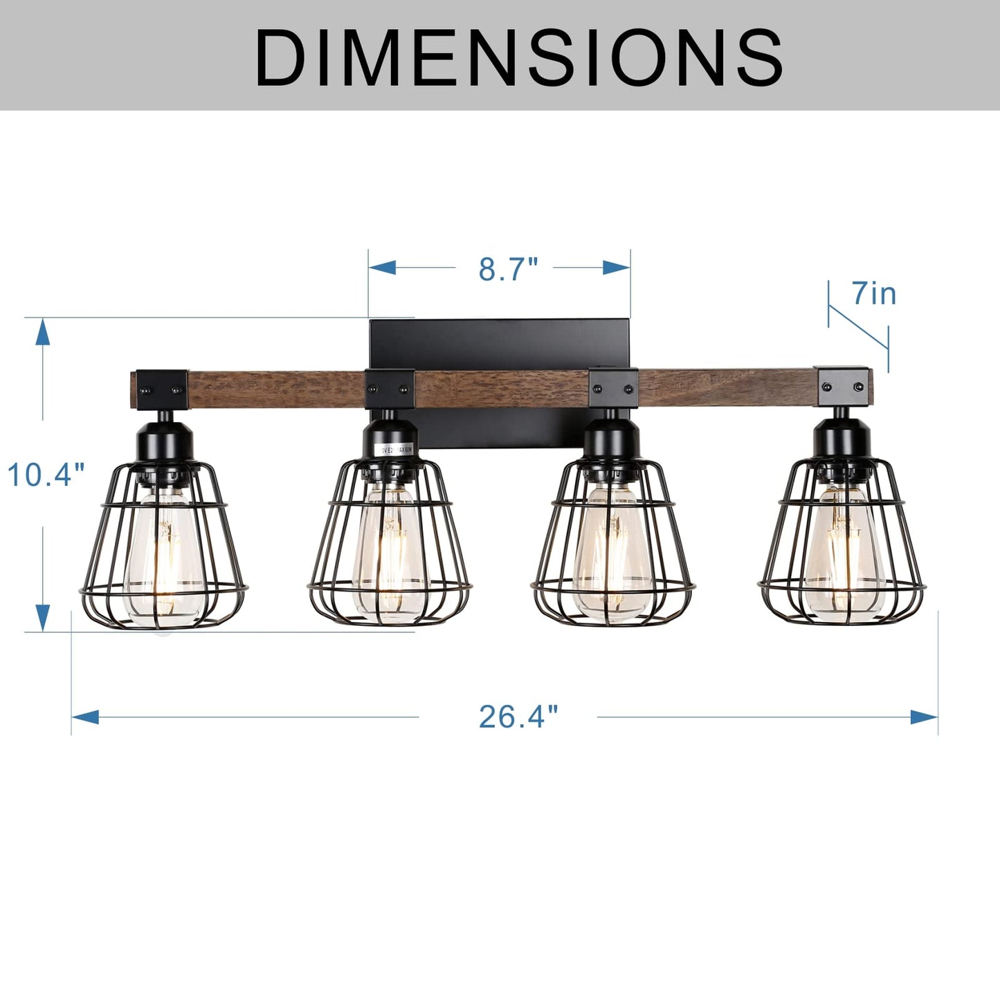 TELAFLY Bathroom Vanity Light Fixture,Rustic 4-Light Wood Wall Light,Industrial Bathroom Lighting Fixture Over Mirror,Modern Matte Black Metal Cage Wall Sconce for Hallway,Kitchen,Bedroom