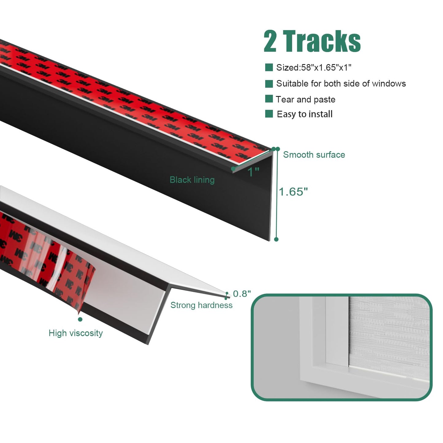 Bliwans Light Blocking Strips for Window Shades and Blinds, 100% Blackout PVC Side Tracks Light Blocker for Blinds, Window Light Blocker for Bedroom(White, 58", 2PCS)