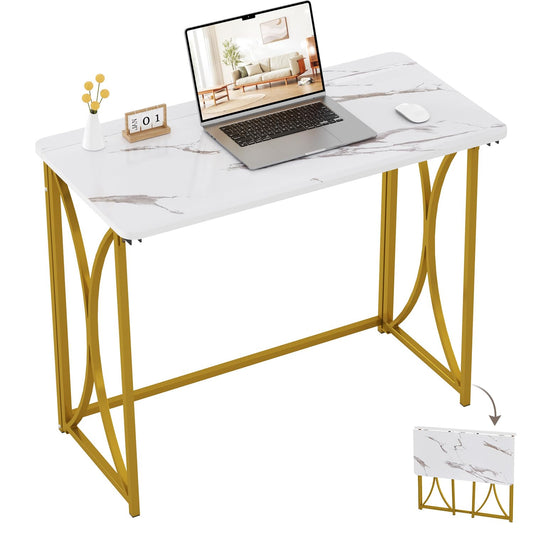 coeztt Folding Desk, 31.5" Small Desk for Bedroom, Space Saving Foldable Computer Desk for Home Office, Easy Assembly, White and Gold