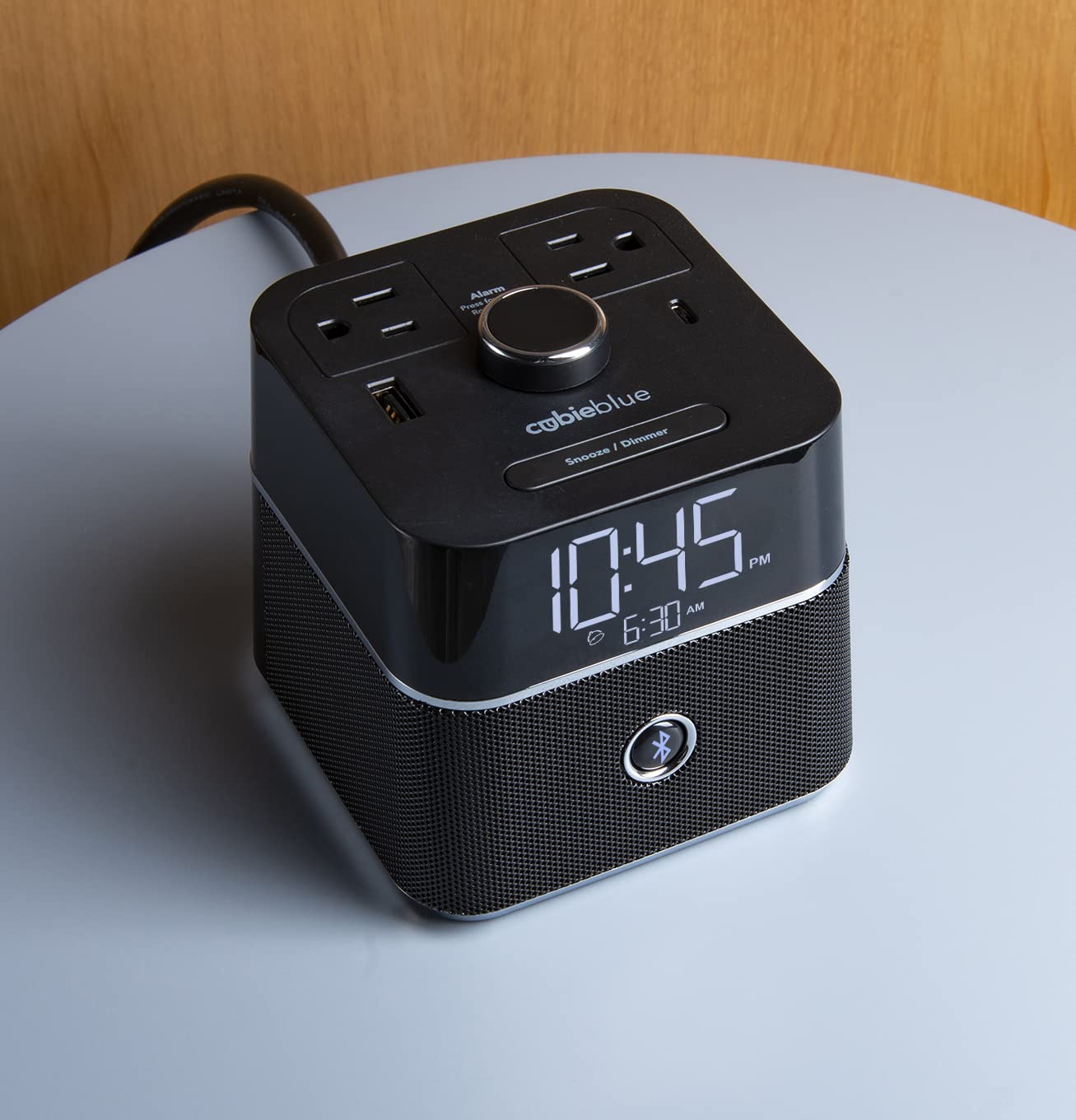 Brandstand | CubieBlue | User Friendly & Convenient Alarm Clock Charger | 2 USB Ports | 2 Tamper Resistant Sockets | Brandstand Bluetooth Speaker
