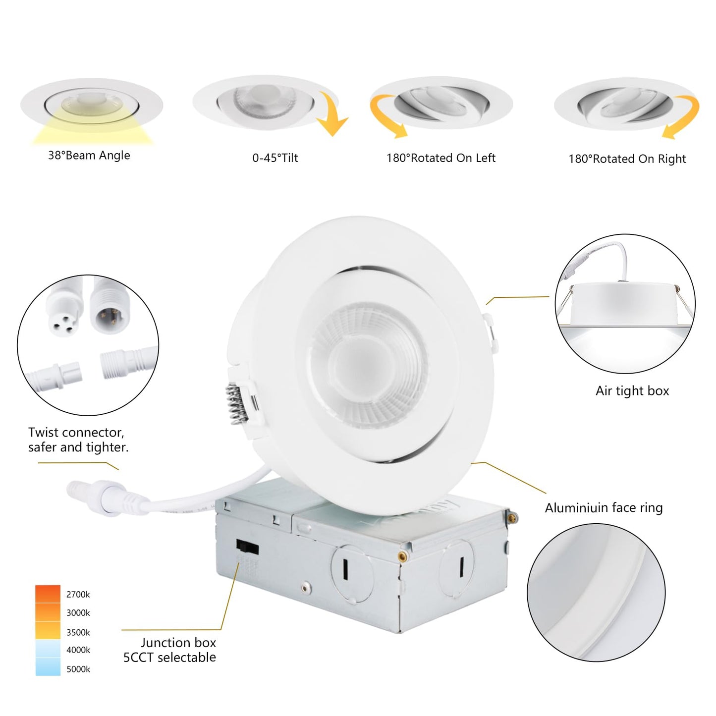 KnLnny Ware Eyeball Recessed Lighting 4 Pack, Ajustable Gimbal Recessed Ceiling Light with Junction Box,5 CCT(2700K-6500K) Selectable,9W 750LM,Dimmable,Airtight, ETL Listed