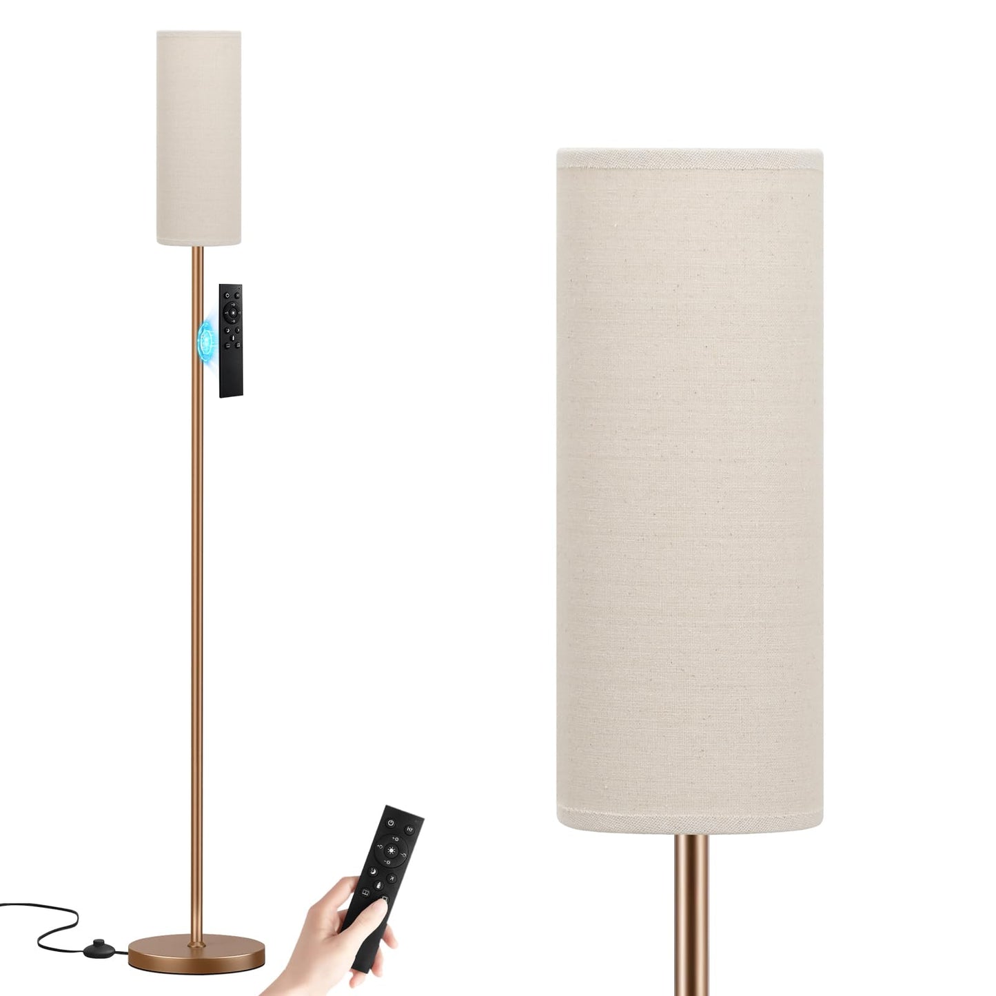 Ambimall 64'' Floor Lamps for Living Room with Remote Control and Stepless Dimmable Colors Temperature & Brightness, 9W Bulb Included(Beige Lampshade & Brown Pole)