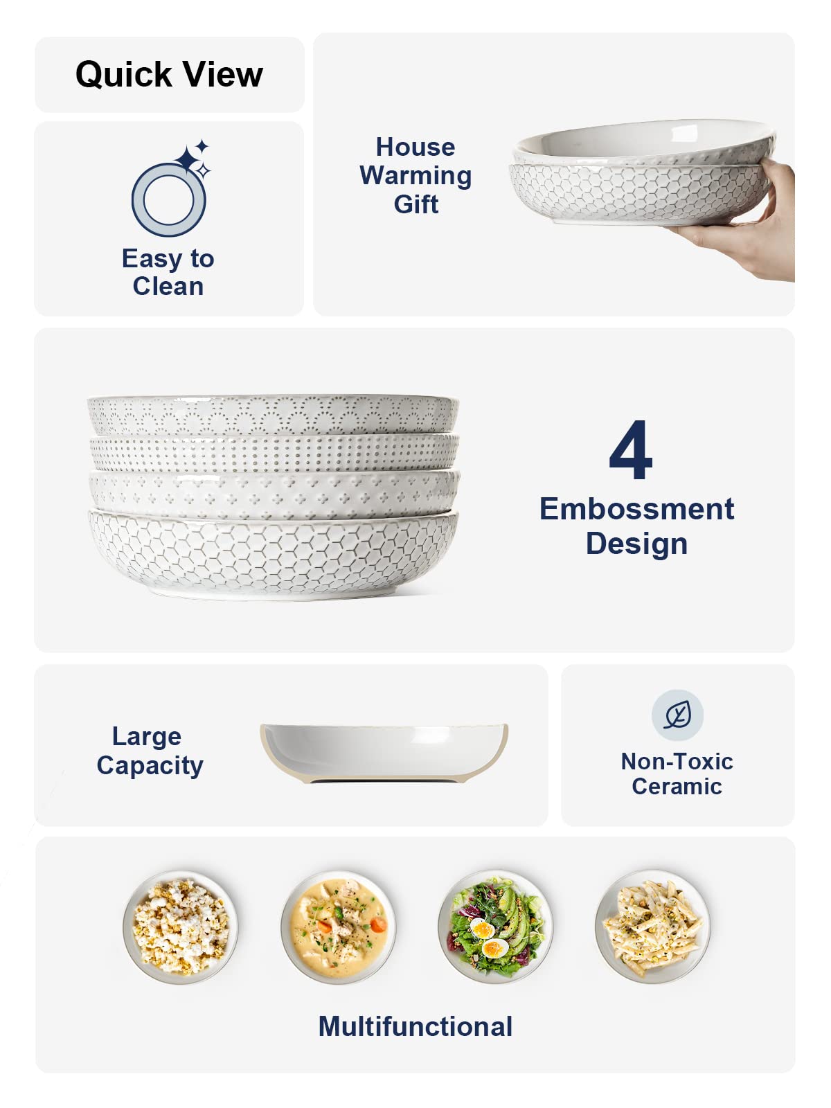 LE TAUCI Pasta Bowls 42oz, Large Salad Bowl, Ceramic Embossment Stoneware Serving Plate for Fruits, Noodle, Dinner, House-warming Wedding Present - 9 Inch, Set of 4, Arctic White