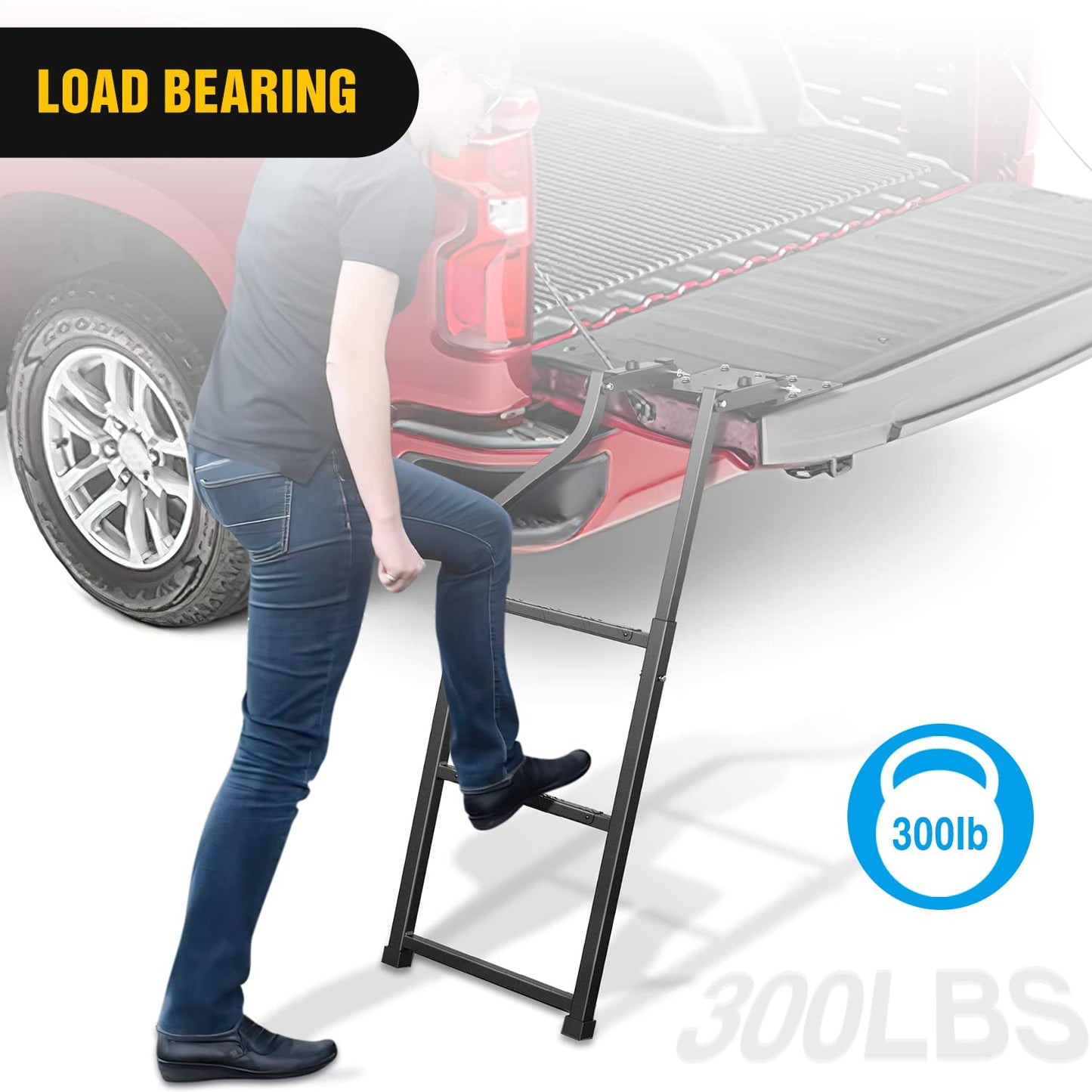 Nilight Foldable Truck Tailgate Ladder for Pickup with Aluminum Step Grip Plates, Replaceable Rubber Feet & Stainless Steel Self Drilling Hex Screws for Easy Installation