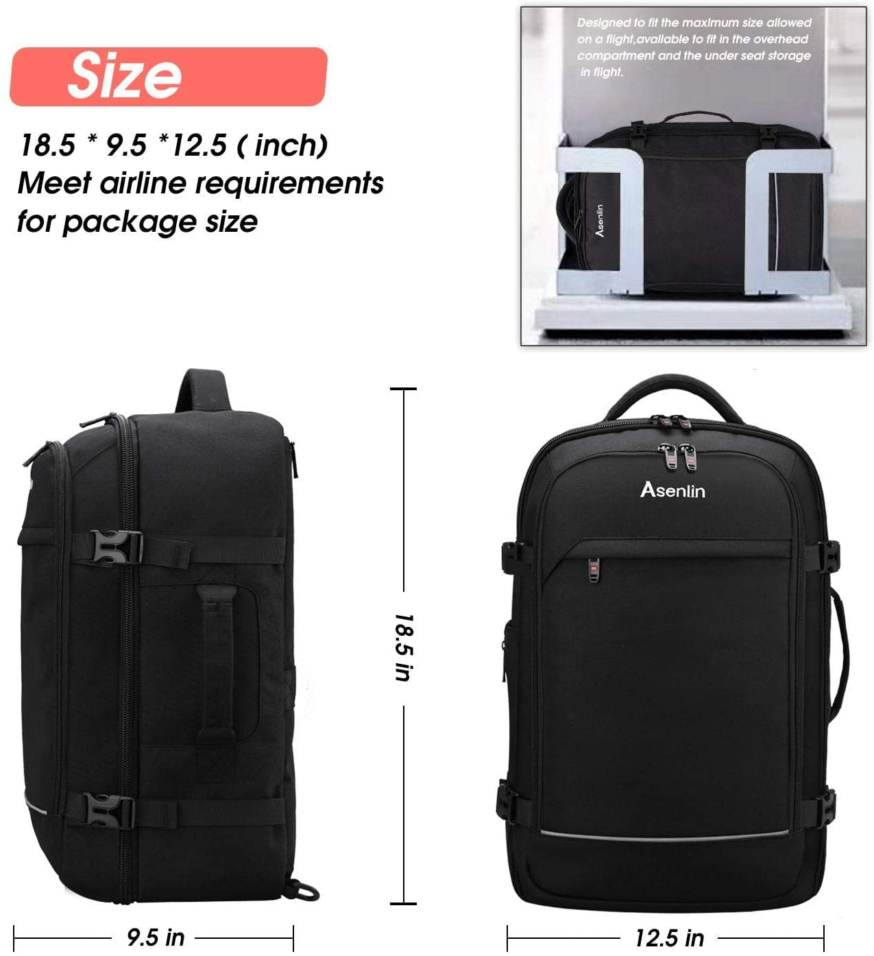 Asenlin 40L Travel Backpack for Women Men，17 Inch Laptop Backpack Flight Approved Luggage Carry On Water Resistant Computer Backpack for Weekender Overnight Large Daypack Black