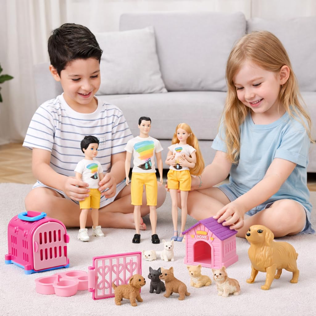 Family Dolls Set of 6 People with Dollhouse Pets Included Pregnant Mom Dad 3 Kids and Baby Boy in Mommy's Tummy, Doll Playsets and Accessories for 3-12 Years Old Toddlers Gift
