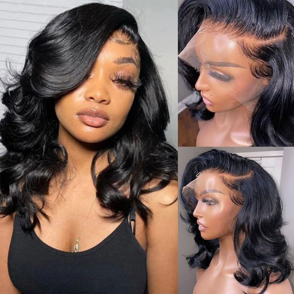 Jolanly Wavy Bob Wig Human Hair 13x4 Lace Front Wigs Human Hair Pre Plucked Glueless Wigs Human Hair 12 Inch Short Bob Wigs Brazilian Body Loose Wave Wear and Go Human Hair Wig