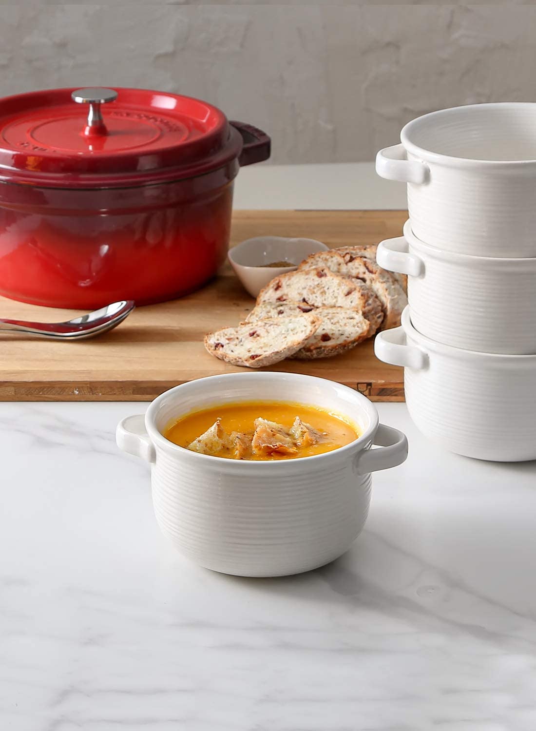LE TAUCI Soup Bowls with Handles - 28 oz Lead-Free Ceramic French Onion Crocks, Oven and Microwave Safe, Heat-Resistant Design, Stackable, Dishwasher Safe, Set of 4, White