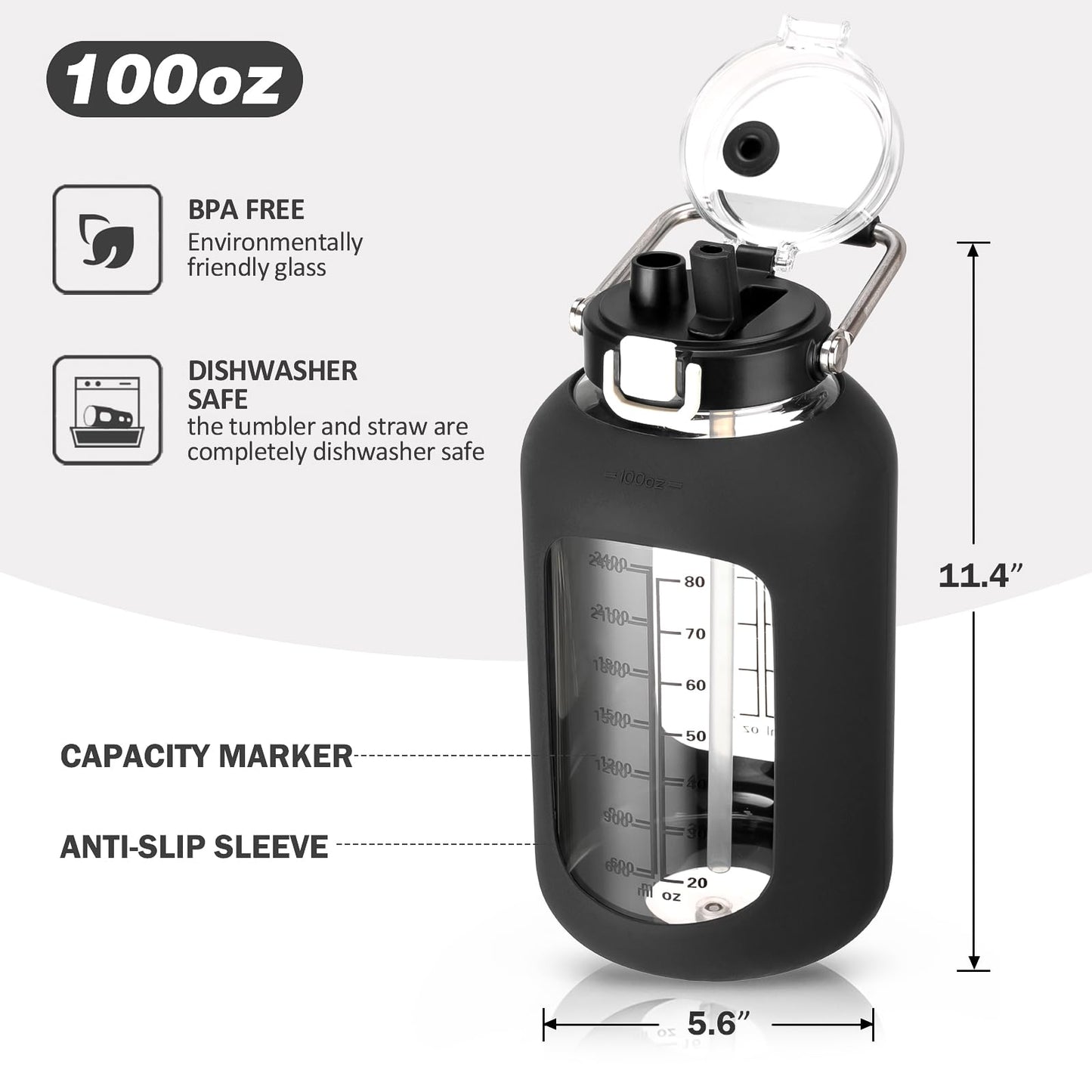 MUKOKO 100oz Glass Water Bottle with Time Marker and Silicone Sleeve 3L Large Water Jug with Stainless Steel Handle Gallon Drinking Bottle with 2-in-1 Lid Wide Mouth BPA Free, Black
