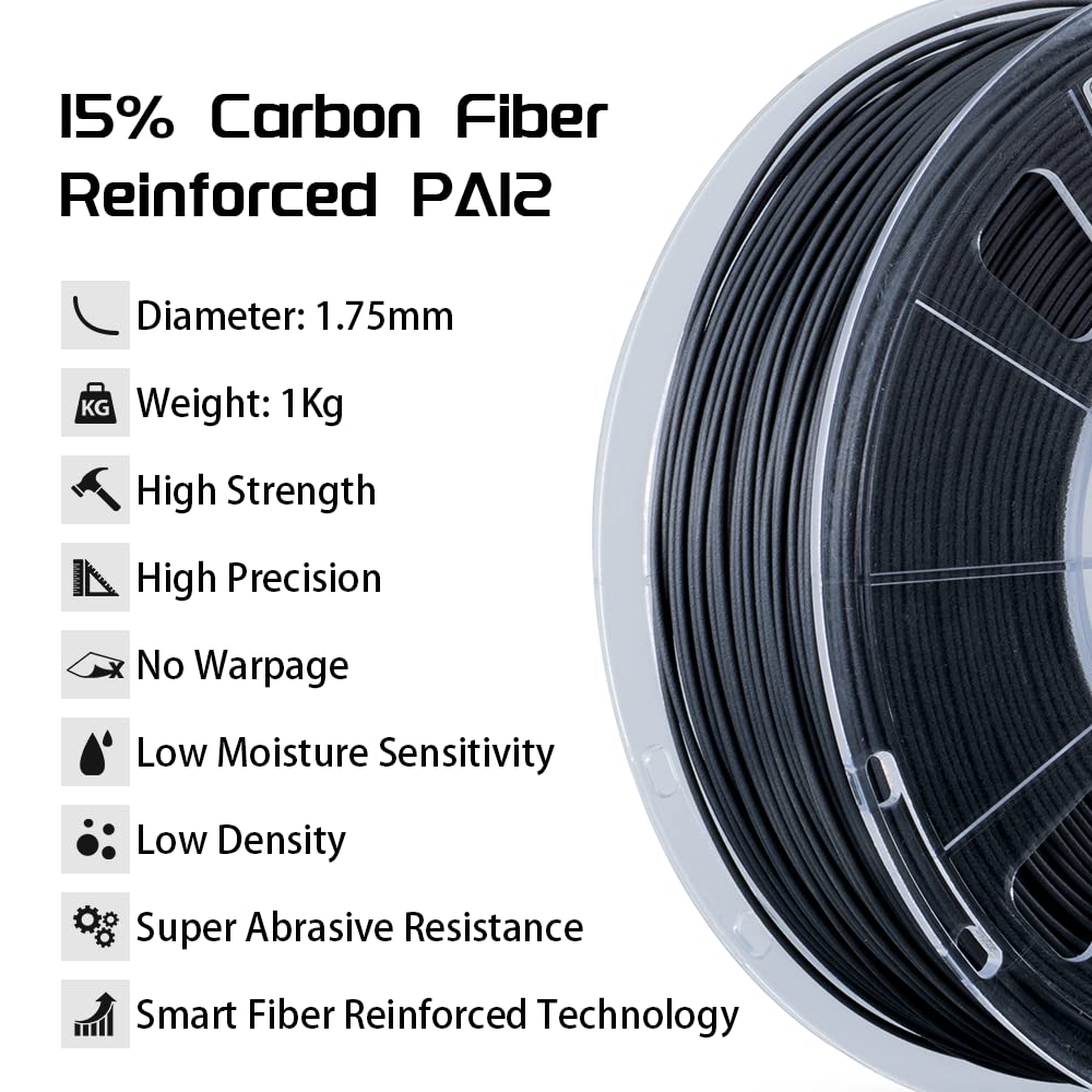 R QIDI TECHNOLOGY PA12-CF Nylon Filament 1.75 Black, Carbon Fiber Nylon Filament 1.75mm 1Kg Spool 3D Printer Filament, High Strength, High Precision, No Warpage, Low Moisture Sensitivity